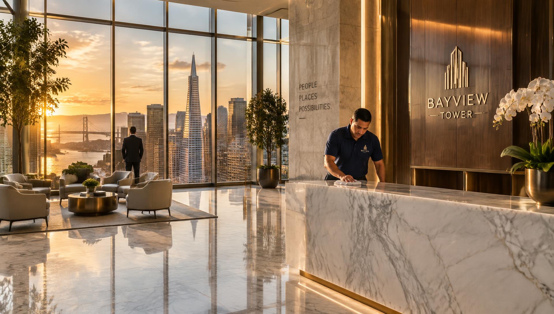 Luxury San Francisco high-rise lobby overlooking the Transamerica Pyramid and Bay Bridge