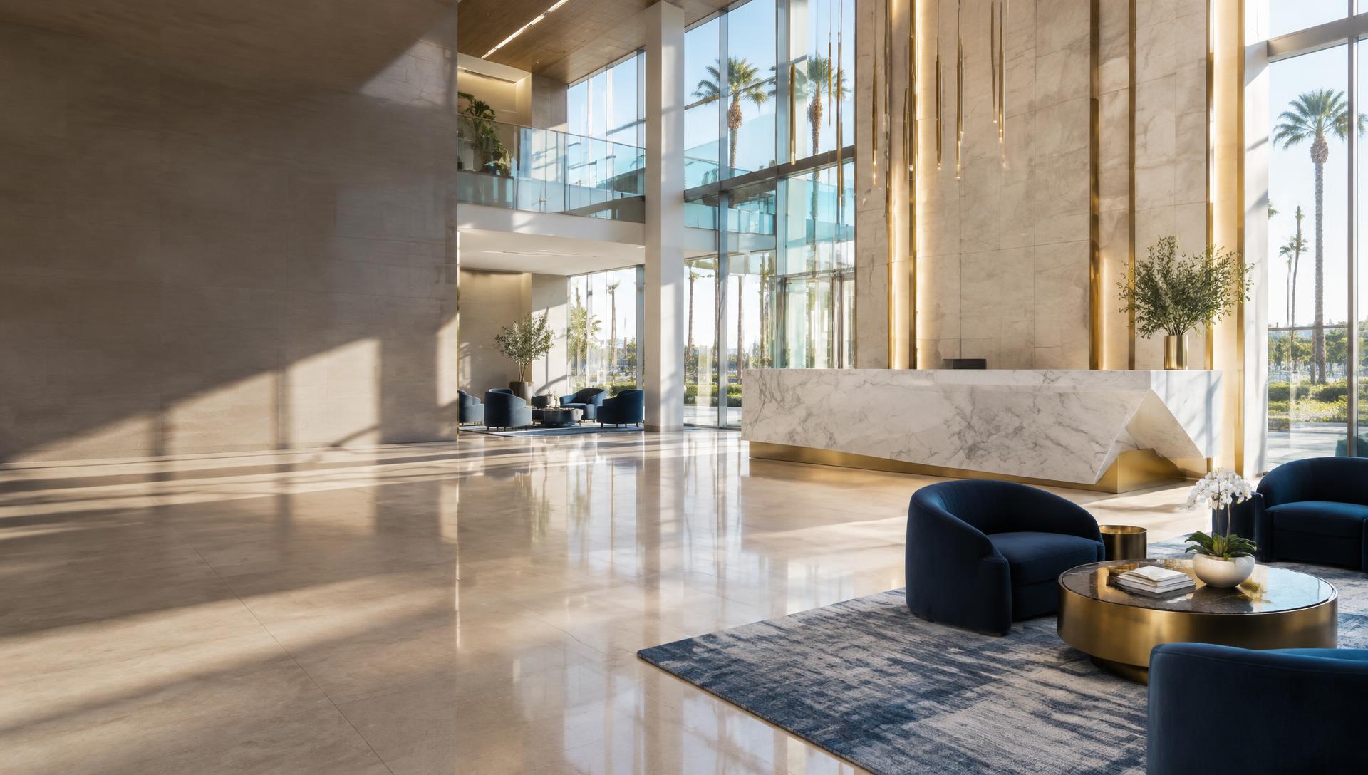 High-end corporate lobby in Los Angeles with palm trees outside the glass